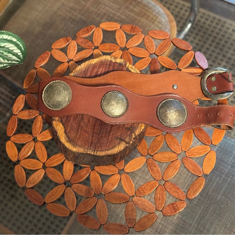 Vintage Moroccan Brown Leather Belt with Silver Large Concho Boho Accents 28.5" - Picture 8 of 16